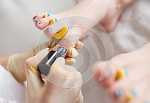 Pedicurist applying nail polish, close up photo