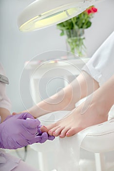 Pedicurist applying nail polish to the toenails. Pedicure SPA pr