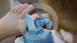 Pedicurist cuts cuticle on toe with nail tongs makes pedicure in beauty salon.