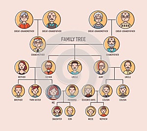 Pedigree or ancestry chart template with portraits of men and women in round frames. Visualization of links between