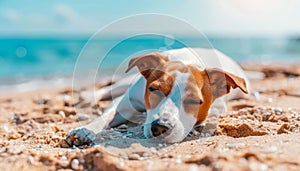 Pedigree puppy relaxing on sandy tropical beach with ocean shore in summer vacation scene