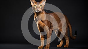 A pedigreed purebred Abyssinian cat at an exhibition of purebred cats. Cat show. Animal exhibition. Competition for the