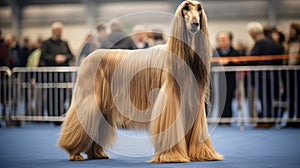 Pedigreed purebred Afghan hound dog at an exhibition of purebred dogs. Dog show. Animal exhibition. Competition for the