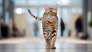 A pedigreed purebred Bengal cat at an exhibition of purebred cats. Cat show. Animal exhibition. Competition for the most