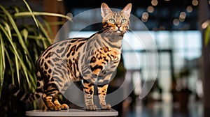 A pedigreed purebred Bengal cat at an exhibition of purebred cats. Cat show. Animal exhibition. Competition for the most