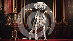 A pedigreed purebred Dalmatian dog at an exhibition of purebred dogs. Dog show. Animal exhibition. Competition for the