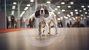 Pedigreed purebred English springer spaniel dog at exhibition of purebred dogs. Dog show. Animal exhibition. Competition