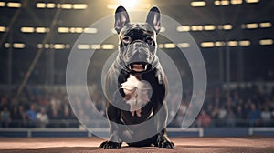 Pedigreed purebred French bulldog dog at exhibition of purebred dogs. Black color. Dog show. Animal exhibition