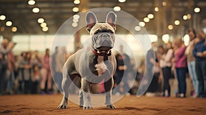 Pedigreed purebred French bulldog dog at exhibition of purebred dogs. Light gray color. Dog show. Animal exhibition