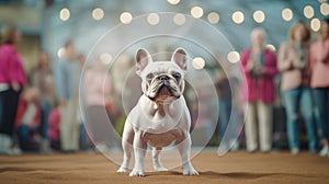 A pedigreed purebred French bulldog at an exhibition of purebred dogs. Dog show. Animal exhibition. Competition for the