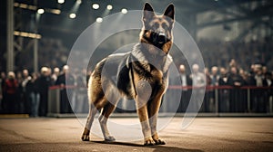 Pedigreed purebred German Shepherd dog at exhibition of purebred dogs. Stage, spotlights, spectators. Dog show