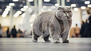 A pedigreed purebred Scottish fold cat at an exhibition of purebred cats. Cat show. Animal exhibition. Competition for