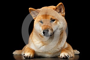 Pedigreed Shiba inu Dog Lying, Looks closely, Isolated Black Background