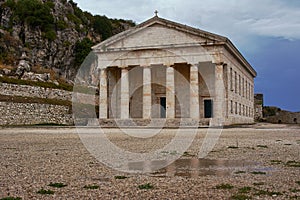 Pediment and columns of the church