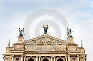 Pediment of opera theater in Lviv, Ukraine photo