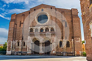 Pediment of the Saint Sernin basilica in Toulouse in Occitanie, France