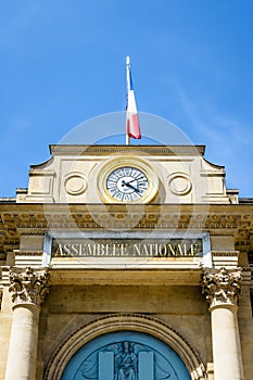 Pediment of the southern entrance of the French National Assembly in Paris, France