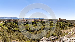 Pedraza, Castilla Y Leon, Spain: panorama of Pedraza village from Mirador the Tungueras, with the Sierra de Guadarrama behind.
