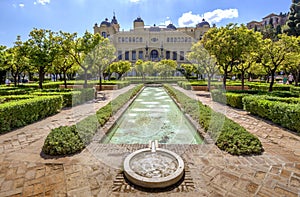 Pedro Luis Alonso gardens and the Town Hall building in Malaga,