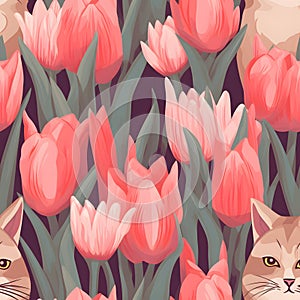 Peeking Felines Amidst Blushing Tulips: A Spring Rendezvous Pattern