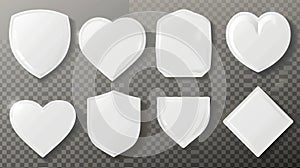 Peel off stickers, white paper patches mockup. Blank labels of different shapes heart, square, oval and rectangular