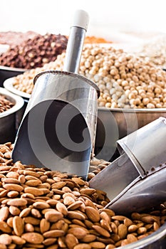 Peeled almonds at local market, Turkey.