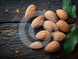 peeled almonds on a wooden background