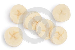 Peeled banana pieces isolated on white background with clipping path and full depth of field. Top view. Flat lay.