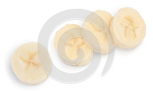 Peeled banana pieces isolated on white background with clipping path and full depth of field. Top view. Flat lay.
