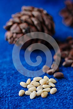 peeled cedar or pine nuts with pine cone on blue surface.
