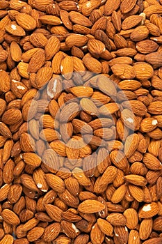 Peeled fresh golden almond nuts close up in bulk top view