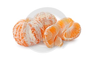 Peeled fresh tangerines on white background. Citrus fruit
