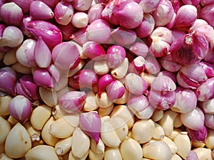 Peeled garlic and shallot
