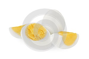 Peeled hard boiled quail eggs on white background