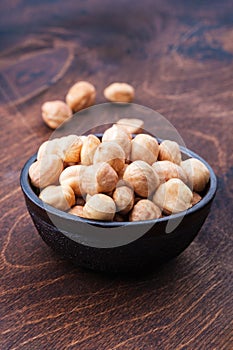 Peeled hazelnuts in bowl