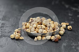 Peeled Hazelnuts close up shot; selective focus