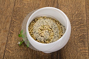 Peeled hemp seeds in the bowl