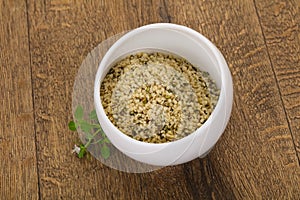 Peeled hemp seeds in the bowl