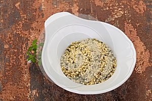 Peeled hemp seeds in the bowl