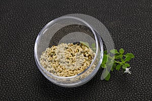 Peeled hemp seeds in the bowl