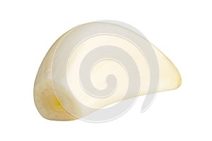 Peeled one clove of garlic isolated on white background, closeup.