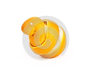 Peeled orange peel in a spiral isolated on a white background