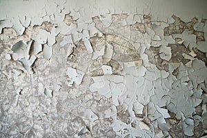 Peeled paint on the wall of a desolate building in abandoned Pripyat. Chernobyl zone, ghost town
