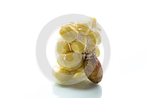 Peeled potatoes closed in a vacuum bag and old sprouted potatoes