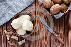 Peeled potatoes next to the skin