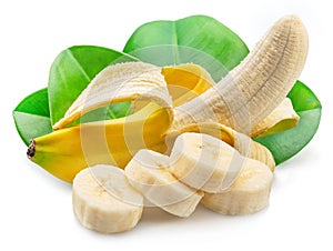Peeled ripe yellow banana, banana cuts and leaf isolated on white background