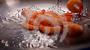 Peeled shrimps are put on a frying pan with water