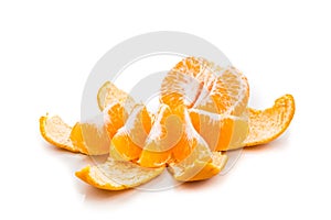 Peeled sweet and juicy mandarin oranges on white background