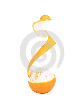 Peeled tangerine or mandarin fruit on white background