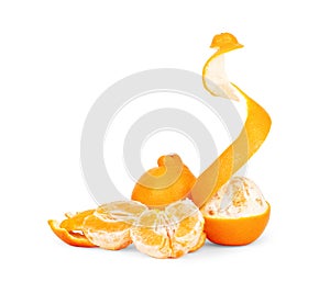 Peeled tangerine or mandarin fruit on a white background